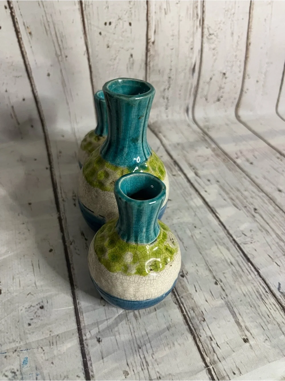 Three Flower Bud Vase Cluster Teal Multiple Colors Textured Pottery